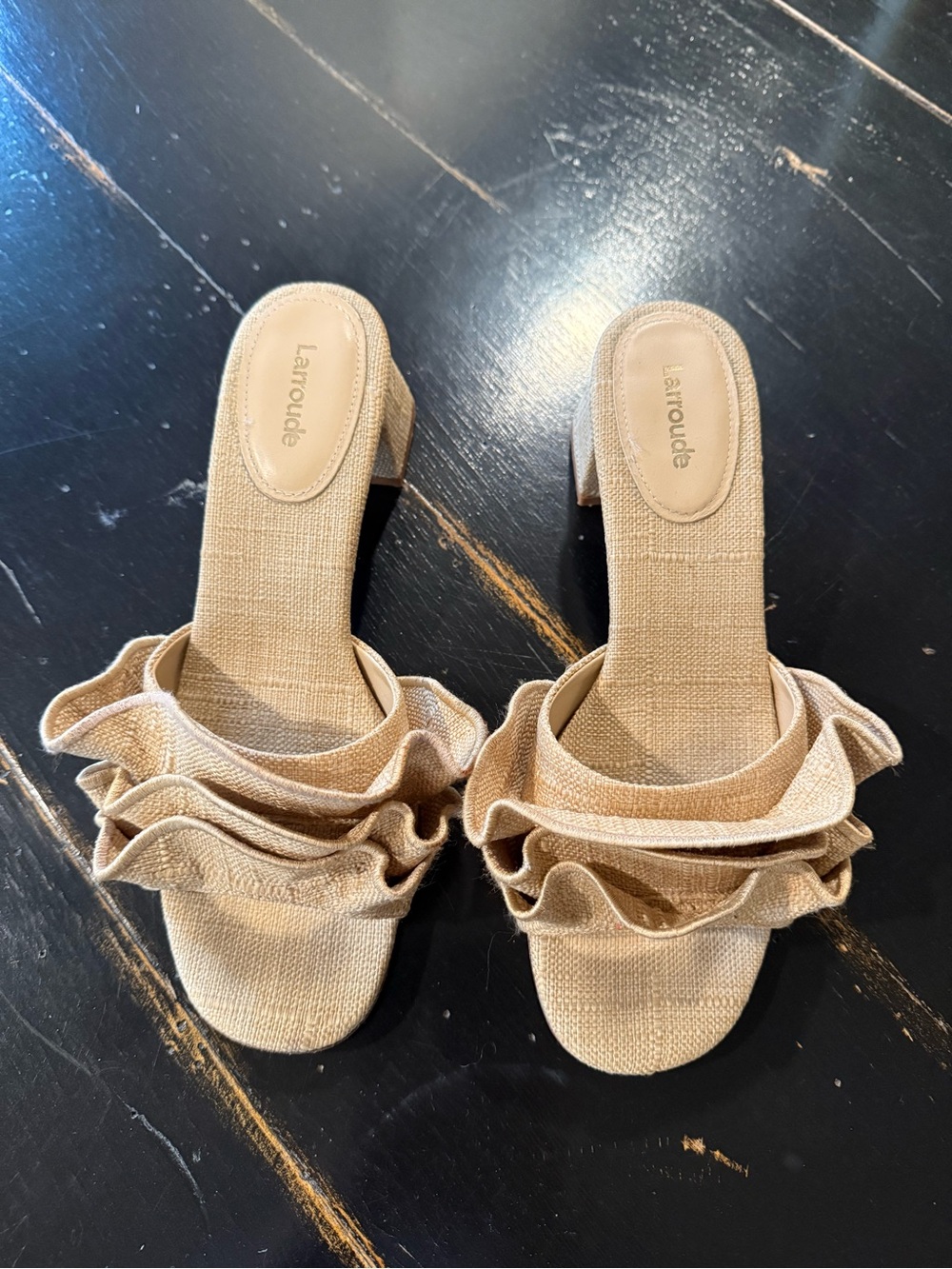 Larroude Beige Ruffle Slide Mules